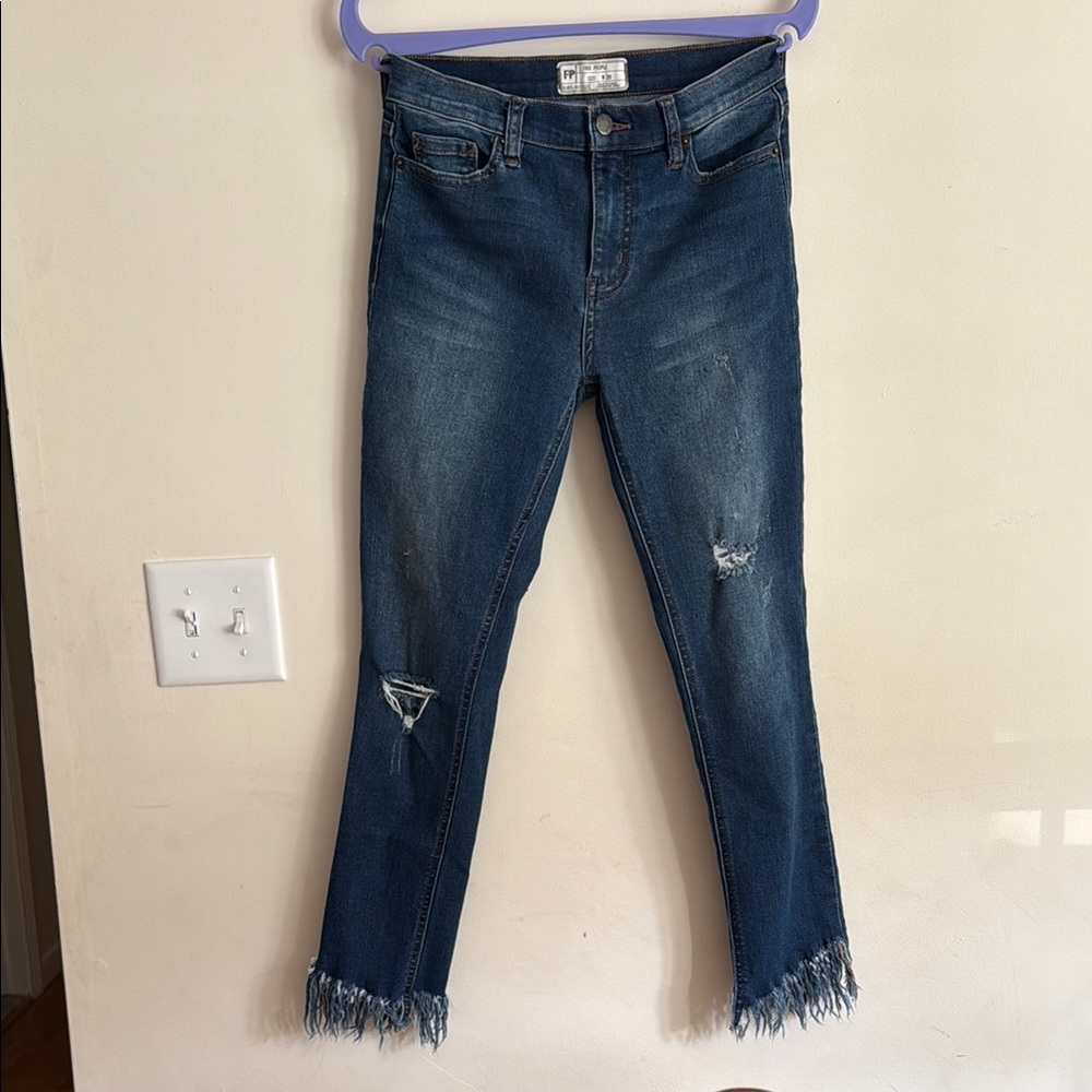 Free People Blue Ankle Cropped Jeans with Distressed Hem